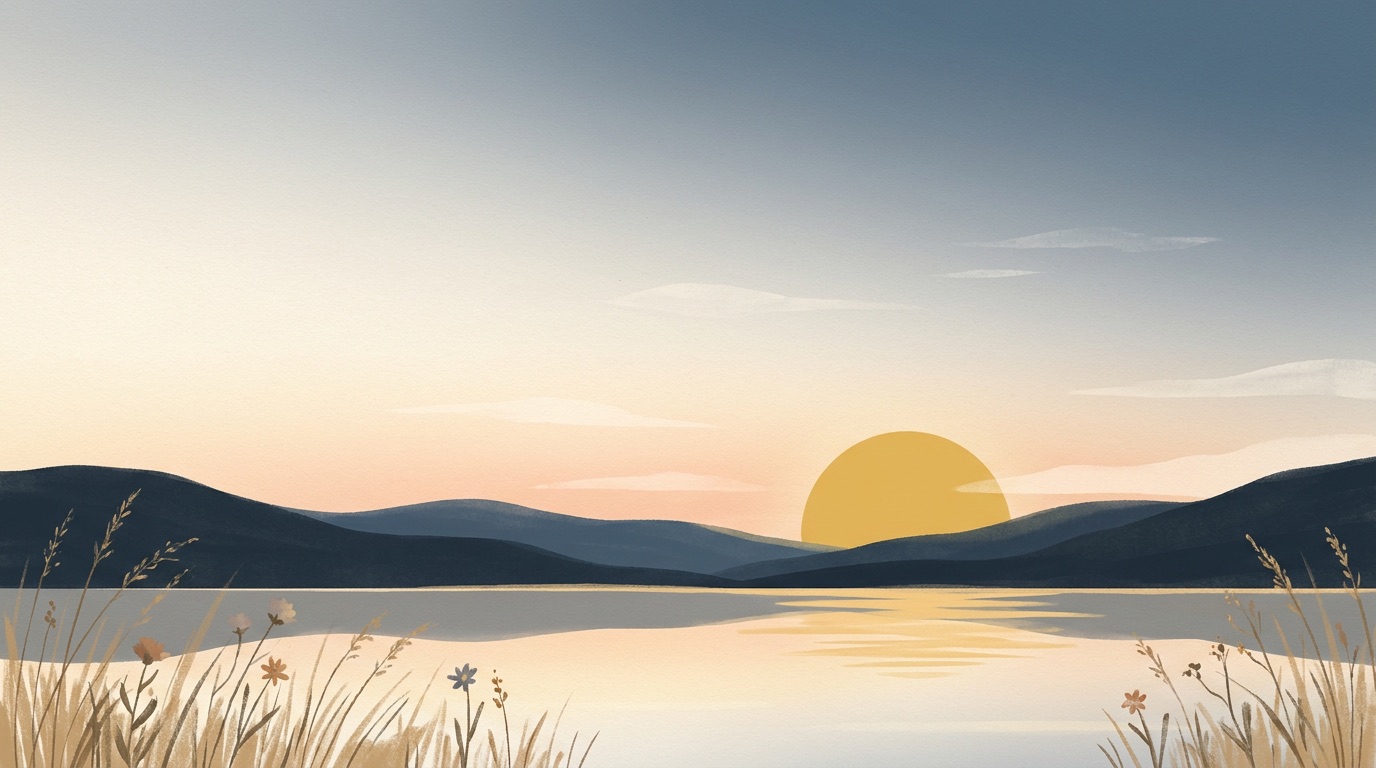 Illustrated Scottish hills at sunrise over a still loch, wildflowers in the foreground